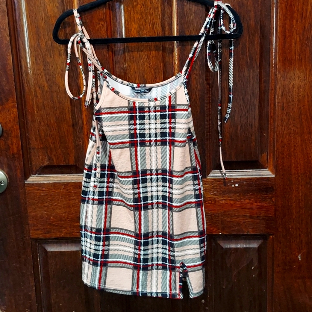 Shein Tan Plaid Mini Tie Dress (Almost Famous Sweater Jumper Set Not Included)